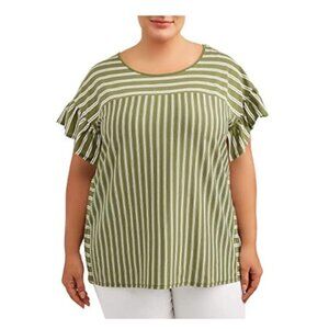 Terra & Sky Women's Size 2X (20W-22W) Green White Stripes Flutter Sleeve Shirt